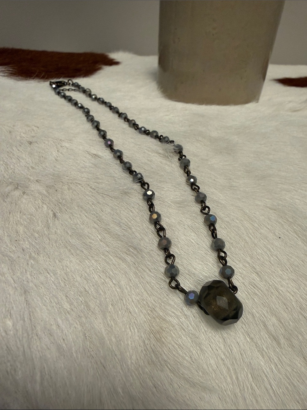 Beaded Heart Pendant Necklace in Gray and Gold - Unbranded